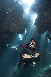 潜水者探查水下洞穴图片