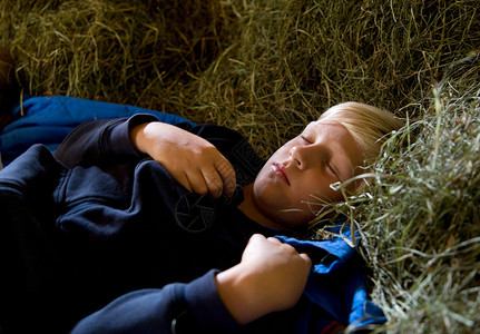 男孩睡在干草谷仓图片