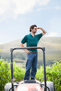 男人站在耕种机上图片