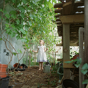 小女孩站在院子里图片