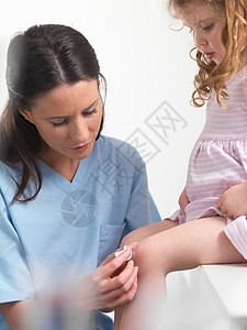 护士给女孩处理膝盖上的伤口图片