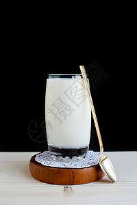 牛奶杯靠在勺子上图片