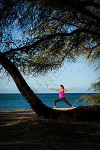瑜伽树式女人在沙滩上做瑜伽背景