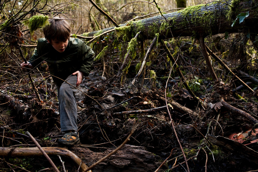 男孩在森林中徒步旅行图片