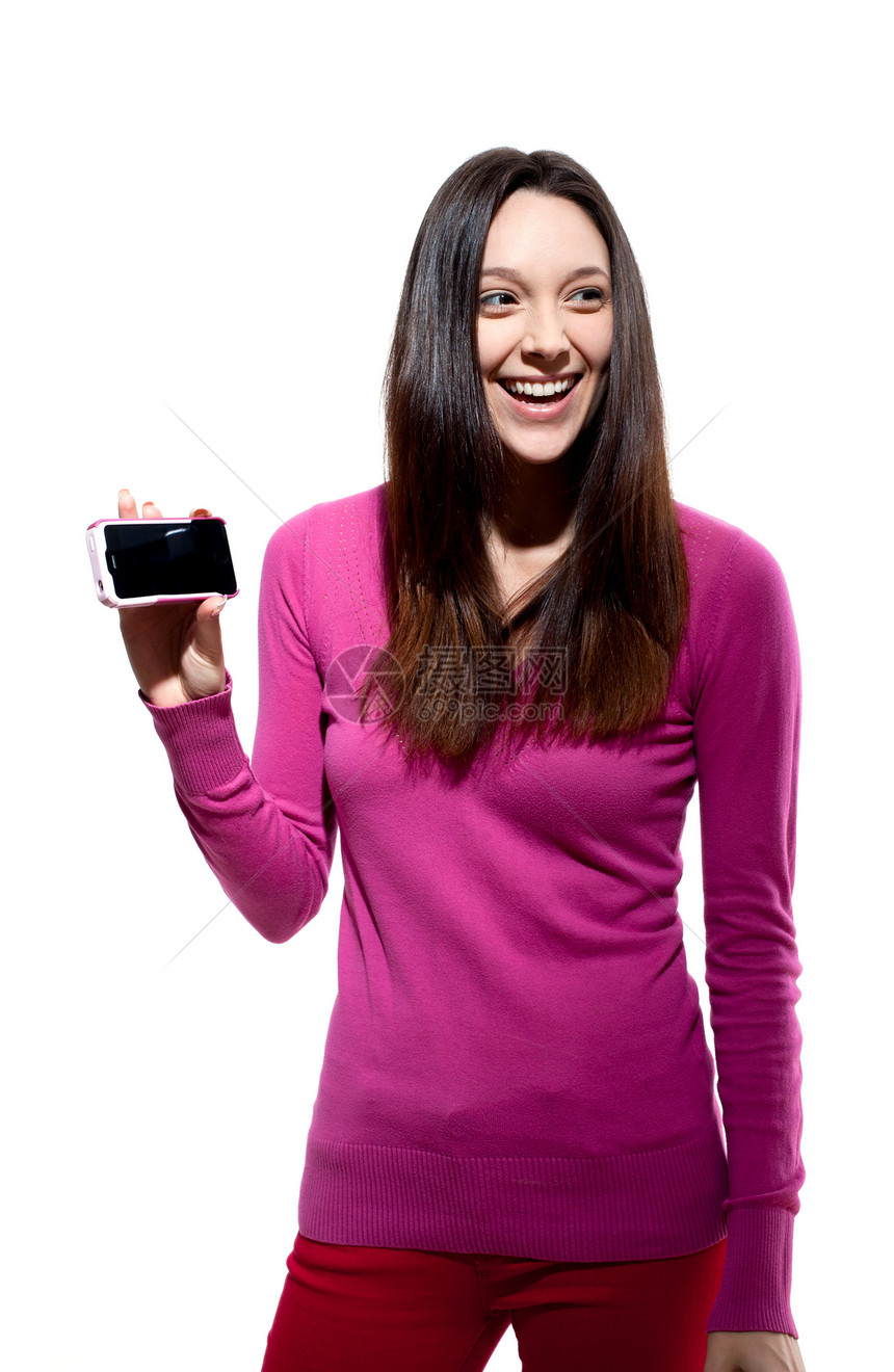 年轻女子举起智能手机图片