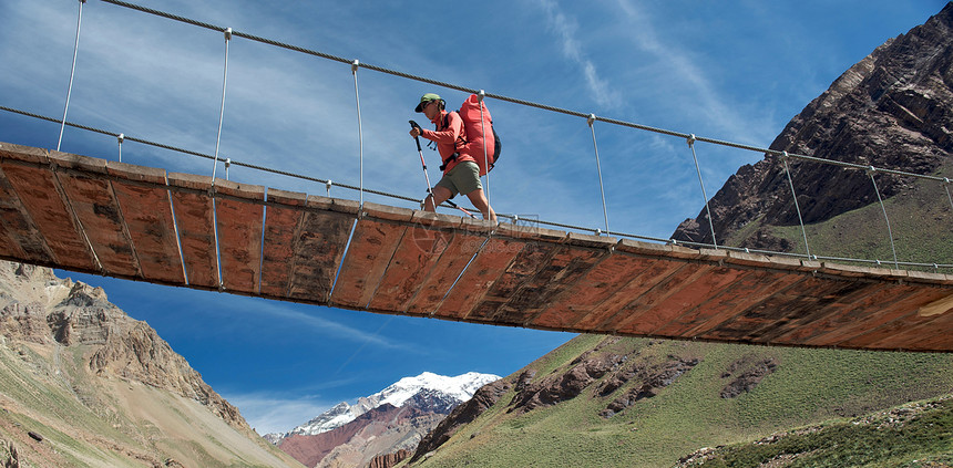阿根廷门多萨省安第斯山脉Aconcagua的Horcones河上吊桥图片