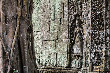 在柬埔寨暹粒的吴哥瓦寺庙废墟雕刻图片