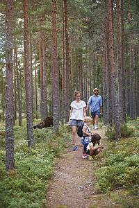 父母与女儿一起在森林中行走图片