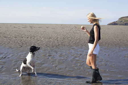 美女带着宠物狗在海边玩耍图片