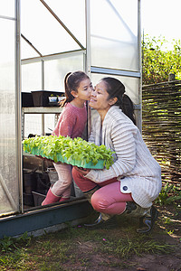 母亲抱着植物女儿亲吻她的脸颊图片