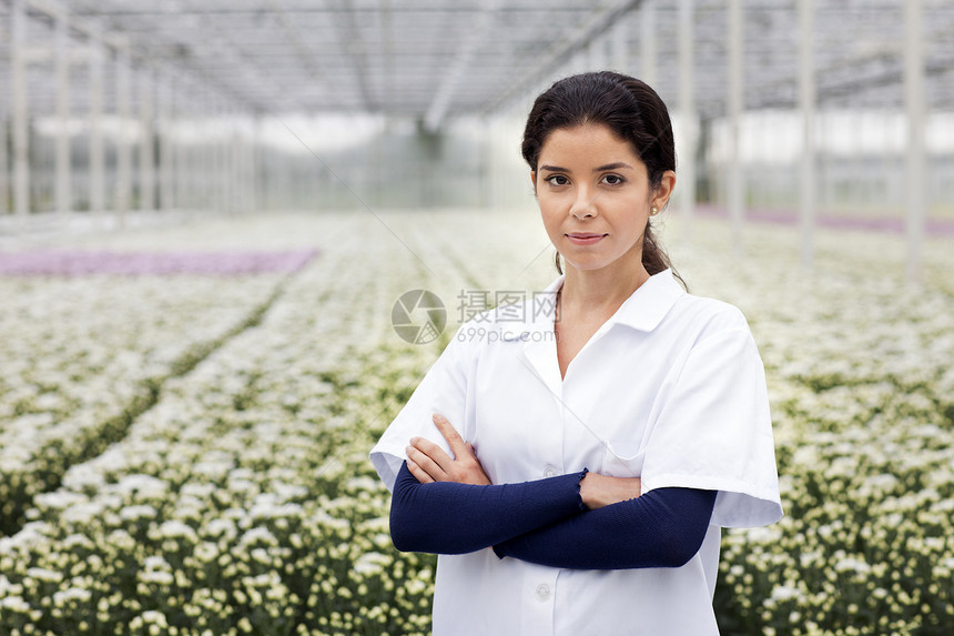 科学家站在一排植物的前面图片