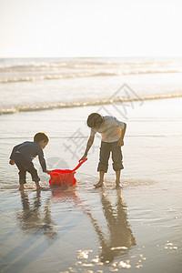 兄弟们在海滩上用玩具卡车装水图片