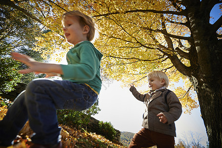 秋天树林里玩耍的男孩图片