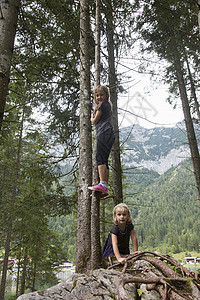 扎乌伯瓦尔德姐妹在德国巴伐利亚州ZauberwaldHintersee森林中玩耍背景