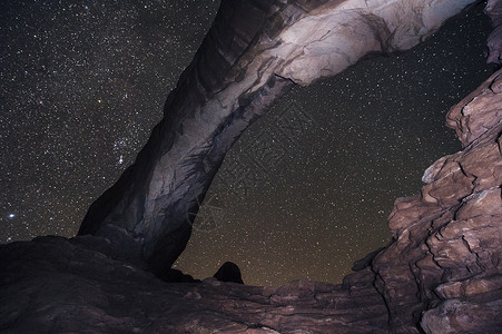 美国犹他州摩押拱门公园柱状岩层和繁星夜空图片