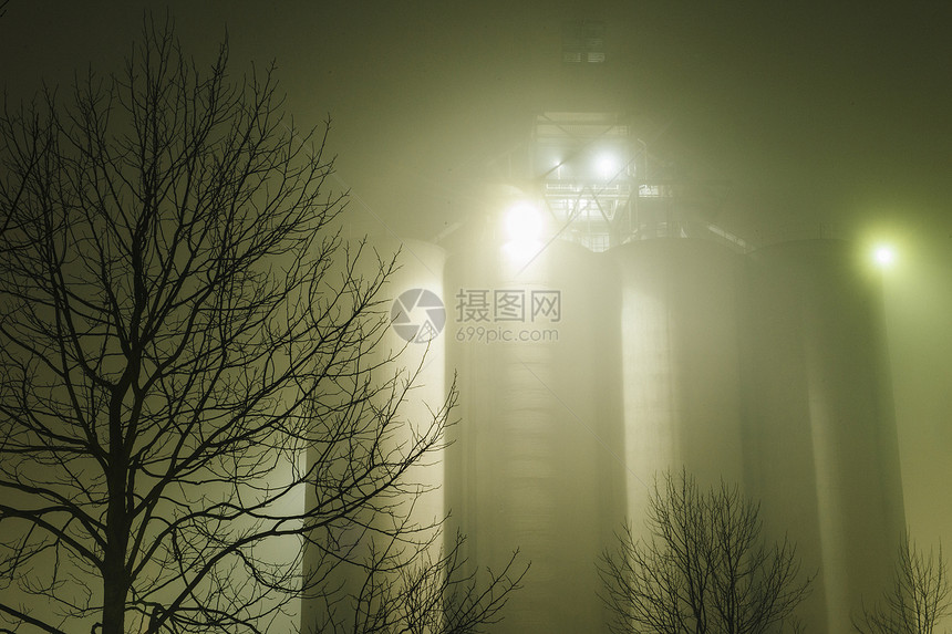 美国华盛顿州西雅图夜间工业储油罐和木头树的迷雾图片