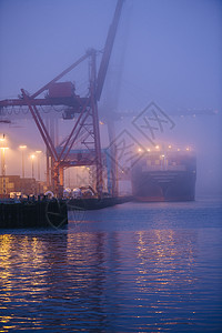 美国华盛顿州西雅图海滨货轮和起重机的迷雾图片