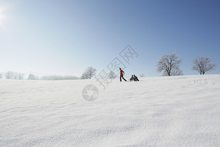 母亲拉着儿子骑雪橇图片