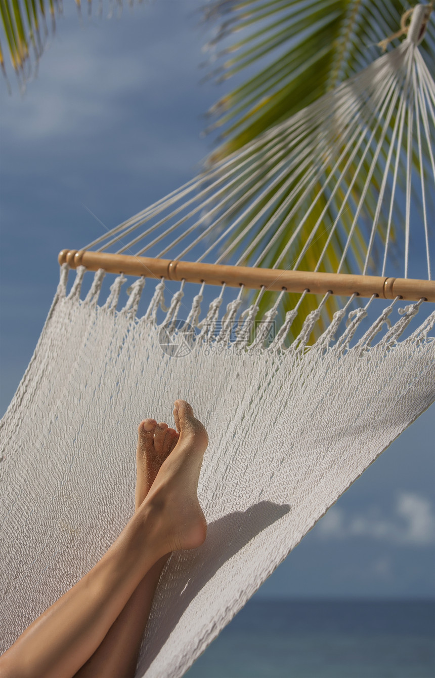 年轻女士在热带岛屿的吊床上放松图片