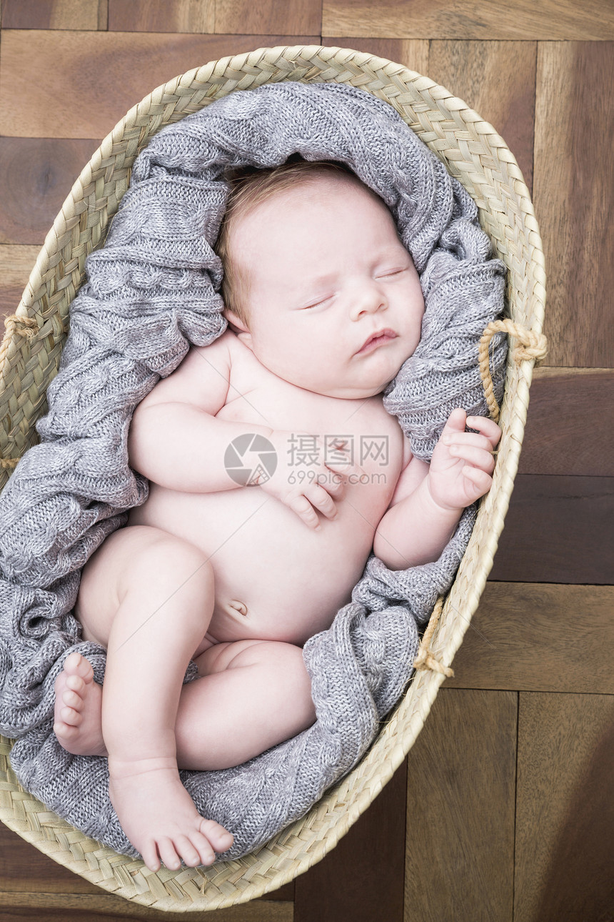 婴儿睡在苔篮中图片