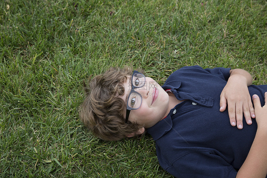 年轻男孩的肖像躺在草地上图片
