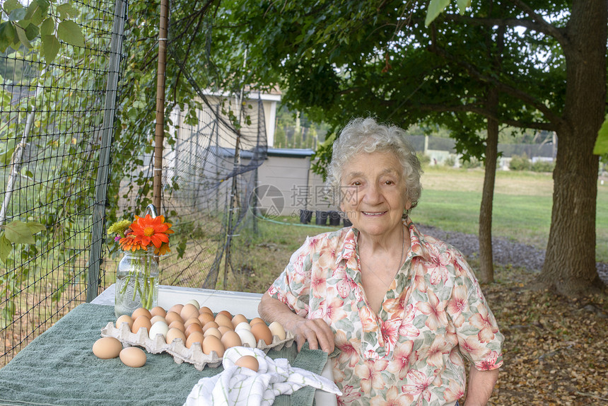 高龄女性在农场的鸡蛋盘子旁摆姿势图片