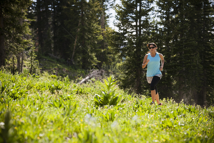 美国犹他州瓦萨奇山上奔跑的女人图片