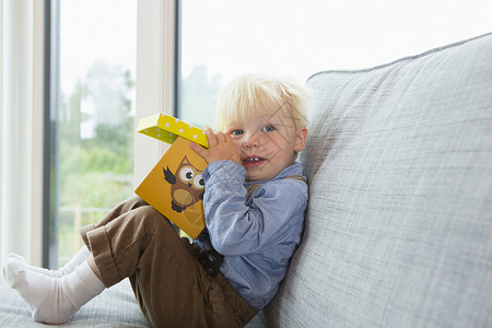 雄幼儿在沙发上玩建筑块的肖像图片