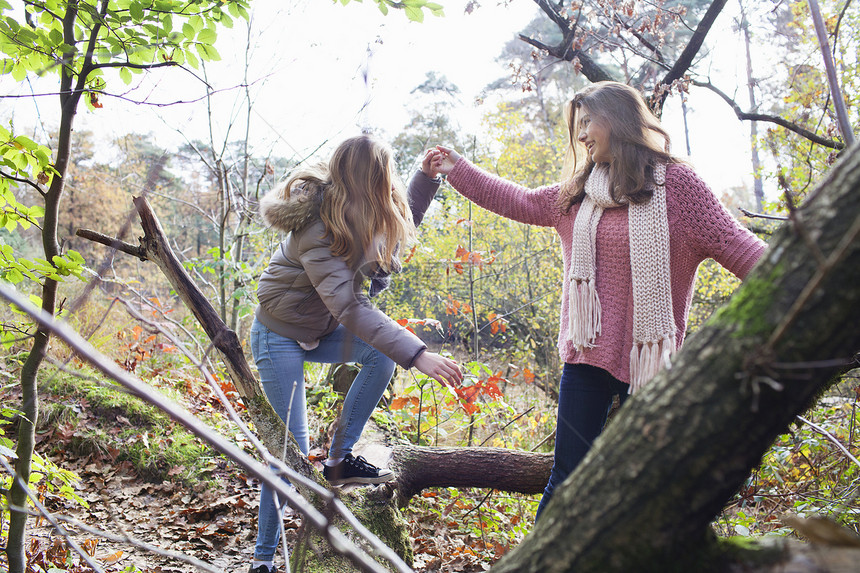 女孩在森林微笑着帮助朋友爬上倒下的树干图片