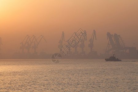 日出时港口的起重机图片