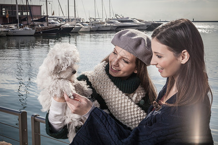 在船坞的两名年轻妇女抱起狗笑图片