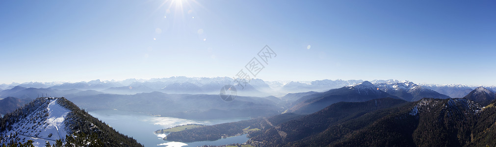 德国巴伐利亚州Walchen湖和山丘全景图片