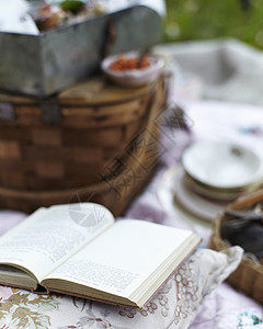 野餐篮子旁打开的书本图片