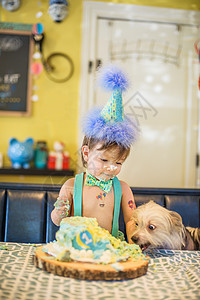 男孩和宠物狗吃生日蛋糕背景图片