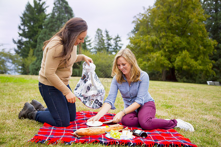 两个女青年在公园用毛毯上野餐图片
