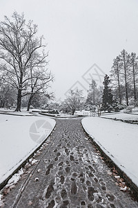 降雪覆盖路径的缩小角度图片
