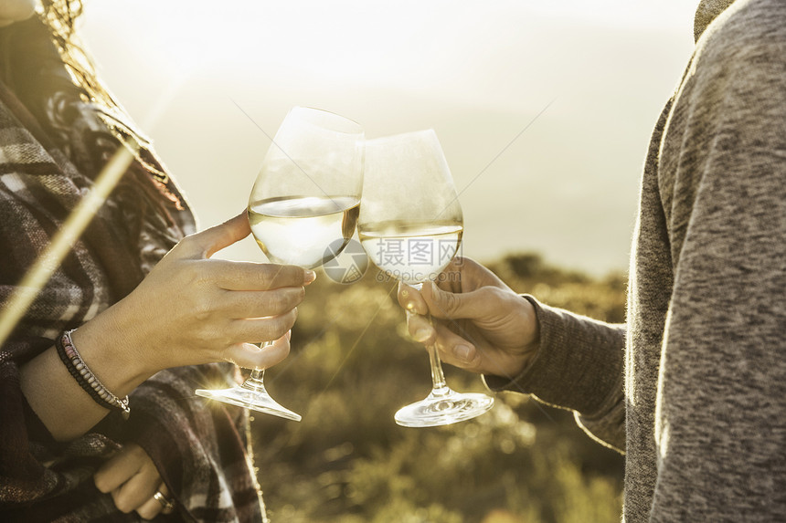 一对在野外喝酒碰杯的夫妇图片