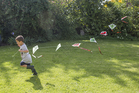 在花园里跑的男孩拿着风筝图片