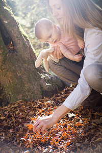 母亲和女儿跪在森林里捡树叶图片