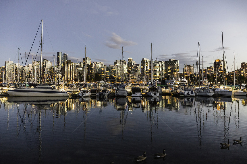 加拿大温哥华黄昏港口船只和城市天际之景图片
