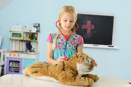 动物相似性女孩假装是兽医检查玩具虎使用听诊器背景