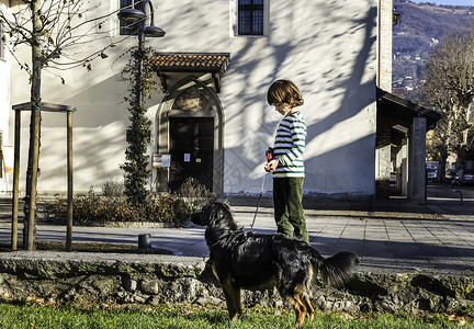 男孩牵着狗一起在户外玩图片