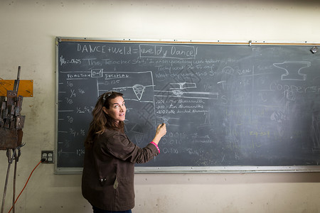 黑板上写字的女焊接教师图片