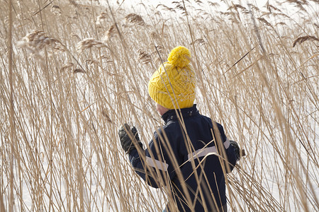 男孩走在雪地的长草丛里图片