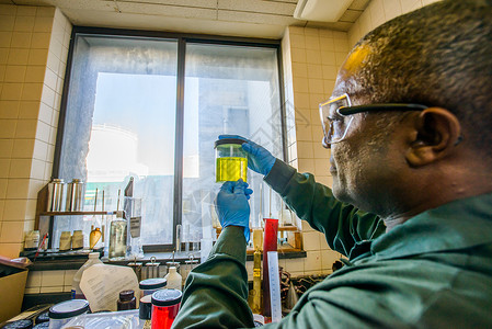 研究生物燃料工厂实验室中拿着黄色液体的实验室技术员图片