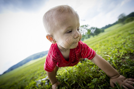 婴儿男孩爬在草的农村地区图片