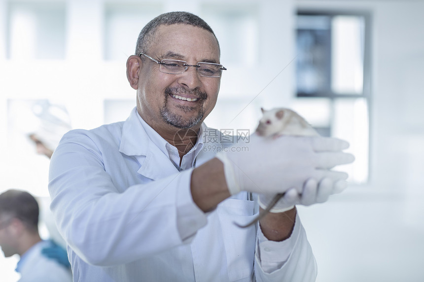 带白老鼠微笑的实验室人员图片