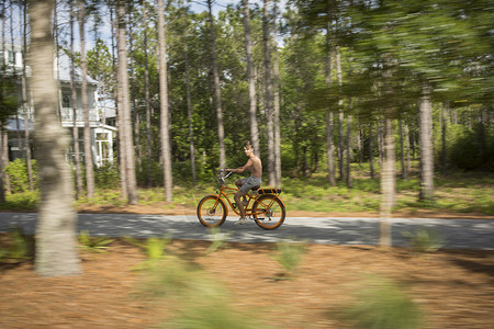 骑自行车的男孩穿过树林佛罗里达州图片