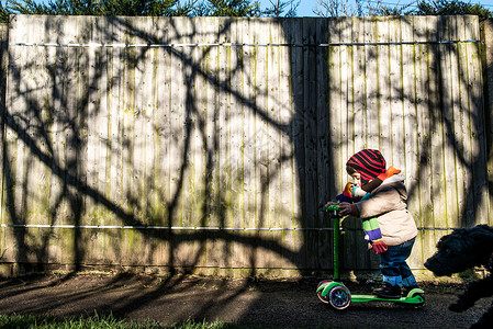 在日光公园里骑推车的男幼儿图片