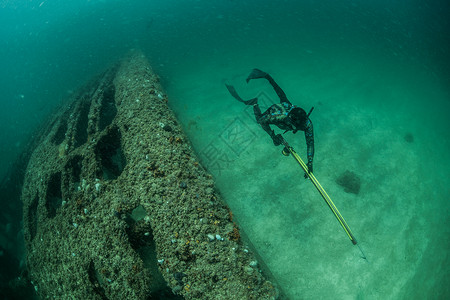 在海底沉船残骸旁潜水的人图片